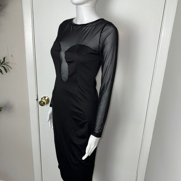 Commense Black Sheer Mesh Long Sleeve Bodycon Midi‎ Dress Cut Out Party Size M - Picture 8 of 17